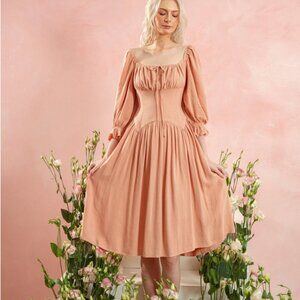 Organic Linen Cottage Core Peasant Dress NEW